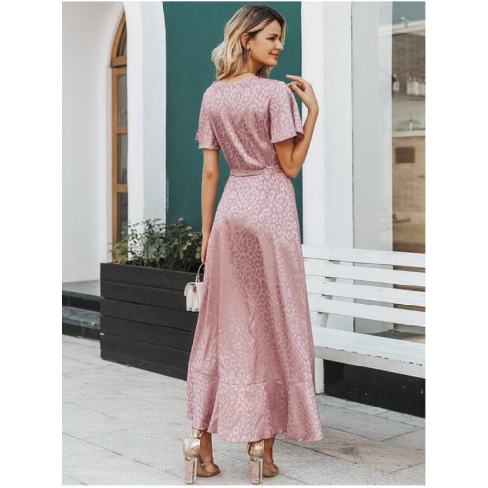 Simplee Dusty Pink Leopard Asymmetrical Ruffle Hem Wrap Belted Satin Dress Sz L - Picture 5 of 14